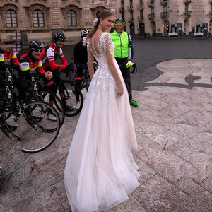 A-Line Chiffon Wedding Dress With Embroidery V-Neck White Bridal Gown Natural Waist Simple Style - Product Image 2