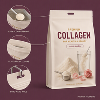 Sachets de poudre de collagène imprimés sur mesure, qualité alimentaire, refermables, pour l'emballage de peptides de collagène, vente en gros pour la santé et la beauté