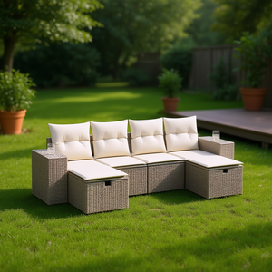 Conjunto de Sofá Modular para Jardín, Color Beige, Ratán Sintético, Estructura de Acero, Muebles de Exterior para 4 Personas, Diseño Contemporáneo - Product Image 2