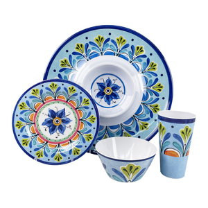 Blue Flower Design Pattern Plastic 12pcs Serving Bowl Plate Cup Dinner Dinnerware Set Melamine Tableware Set