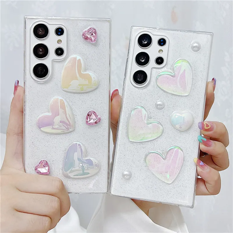 น่ารักเลเซอร์หัวใจรักเพิร์ลGlitterเคสโทรศัพท์สําหรับSam Sung S24 A54 A34 A23 A53 A73 A52S S23 Ultra S22 Plus S21 S20 FEหมายเหตุ 20