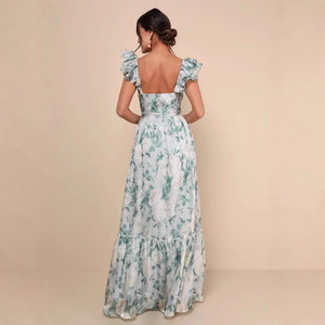 Robe de demoiselle d'honneur à imprimé floral, col en V, manches à volants, longue, verte, en polyester, élégante, pour invitées de mariage - Product Image 2