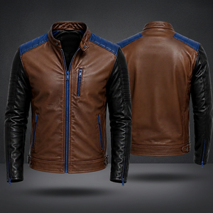 Men's Brown Leather Heated Moto <b>Biker</b> <b>Jacket</b> Mandarin Collar Zipper Closure Front Logo Winter Wear Regular Sleeve Slim Fit - Product Image 4