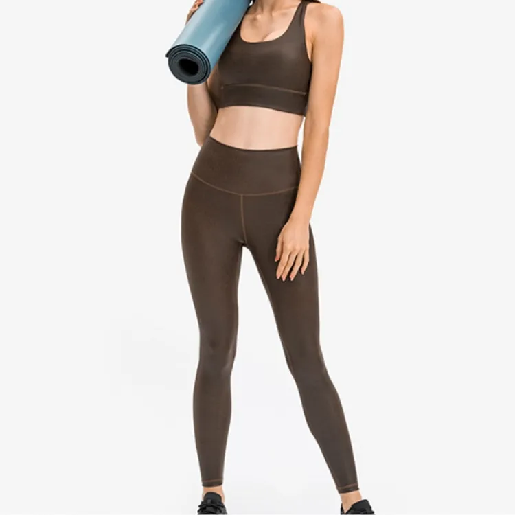 Leather Women Activewear Yoga Butt Lift Leggings 2 Piece Gym Fitness Sets