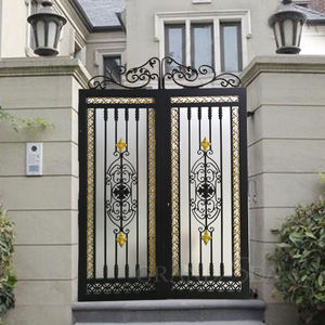 Porte en fer forgé <span class=keywords><strong>de</strong></span> style canadien, <span class=keywords><strong>forme</strong></span> spéciale, grille verticale, motif floral rond central, cadre latéral doré - Product Image 3