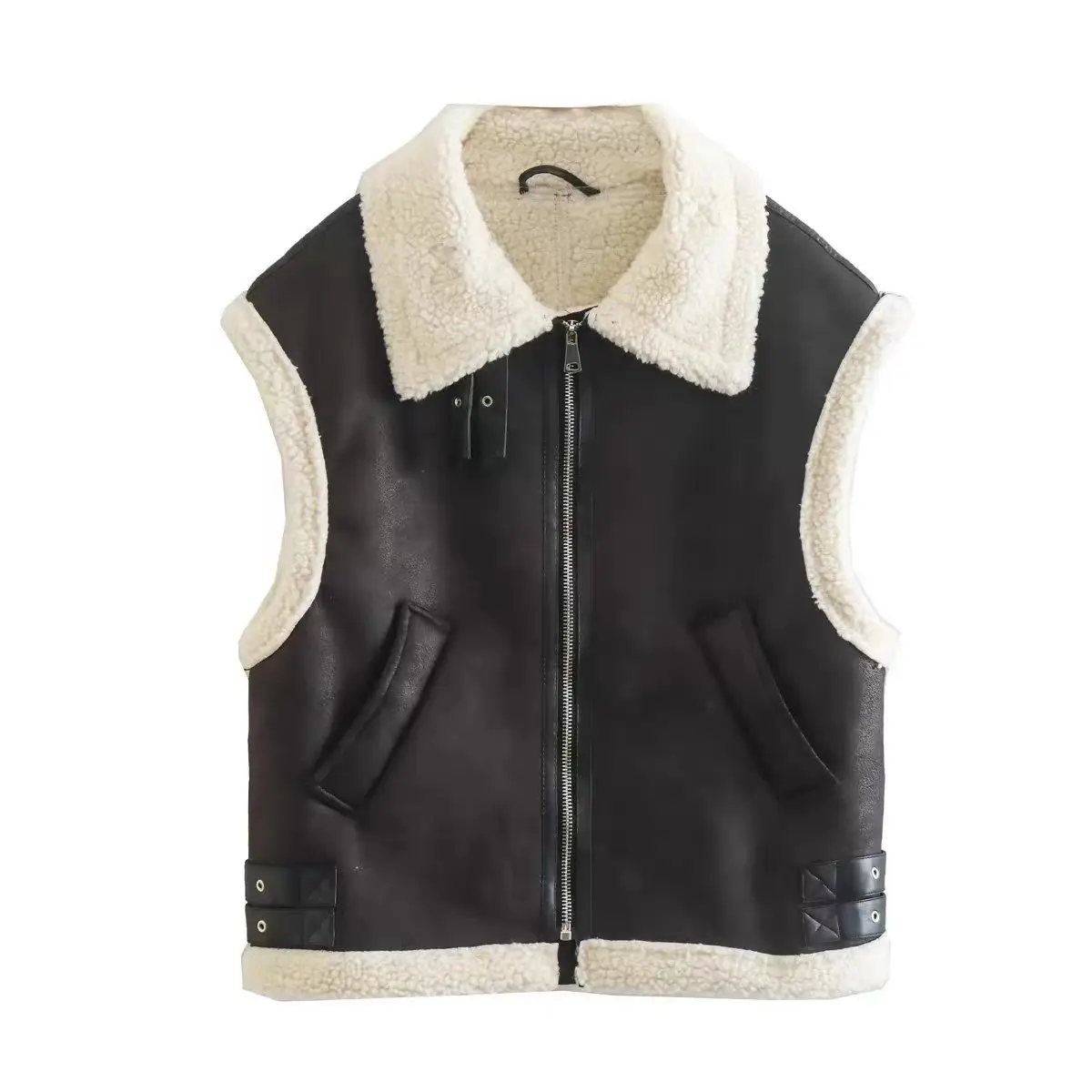 Moda Mulheres PU colete de couro zip fivela lapela velo Fur Moto Biker gilet ovelha lã tosquia Fur Vest