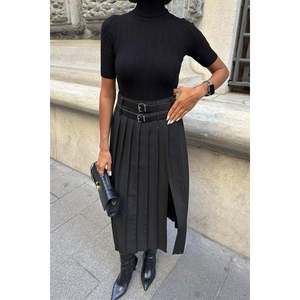 กระโปรงจีบเอวสูงทรงหรูหราพร้อมดีเทลเข็มขัดคู่และผ่าด้านหน้าสำหรับผู้หญิง 4055 - Product Image 4