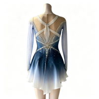 Robe de patinage artistique bleu et blanc dégradé avec strass, dos croisé en maille, pour femmes et filles