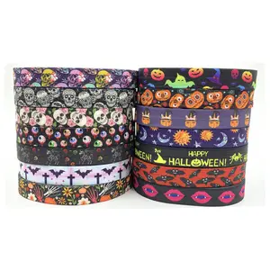 100 Yards 5/8inch Halloween FOE 60 Designs Schädel Fledermaus Kürbis gedruckt Falten über elastischen Gurtband für DIY Haarschmuck Band