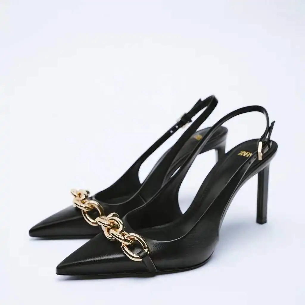 European and American style women's high heels pointed metal chain decoration hollow party sexy women's shoes