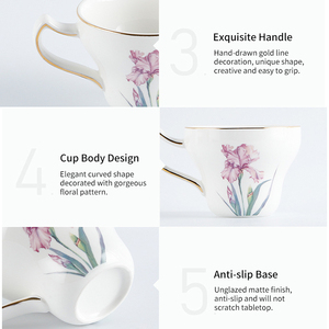 Ensemble tasse et soucoupe à café en céramique de style français - Motif floral irisé, boîte cadeau 2 tasses - Product Image 6