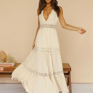 Robe longue décontractée d'été en satin pour femme, respirante, col en V, sans manches, avec empiècements en <span class=keywords><strong>dentelle</strong></span>, logo brodé sur le devant, taille naturelle, couleur unie - Product Image 5