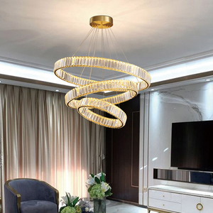 Lustre moderne en cristal à LED pour <span class=keywords><strong>salle</strong></span> à <span class=keywords><strong>manger</strong></span>, luminaires suspendus contemporains à 3 anneaux, réglables, en cuivre, avec télécommande - Product Image 6