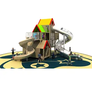 Детский деревянный игровой домик на заднем дворе, открытая площадка, игровая площадка с пластиковой горкой для дошкольников