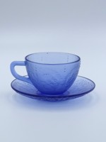 Bol et assiette en verre soufflé artisanal, bleu givré, art populaire fait main