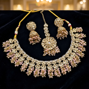 Indian Traditional Pearl Kundan Necklace <b>Set</b> Antique Gold Plated Bridal Choker Necklace with Jhumka Earrings and Maang Tikka <b>Set</b> - Product Image 2