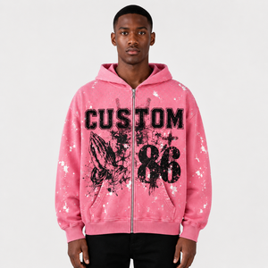 Custom Heavyweight Full Zip <b>Hoodie</b> Streetwear Design Cropped Boxy Fit Distressed Rhinestone Graphic Custom Logo <b>Men</b> <b>Hoodie</b> - Product Image 1