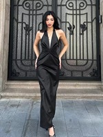 Robe longue noire élégante pour femme, col halter plongeant en V, taille froncée, dos nu, moulante, pour soirée, vente en gros, personnalisable