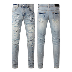 <span class=keywords><strong>Vaqueros</strong></span> <span class=keywords><strong>de</strong></span> mezclilla para <span class=keywords><strong>hombre</strong></span>, corte ajustado, rectos, con cintura rasgada, desgastados, bordados, estilo urbano, vintage - Product Image 2