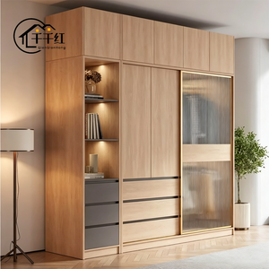 Armoire à portes coulissantes pour chambre à coucher, style moderne et simple, pour petit appartement, couleur bois naturel, <span class=keywords><strong>porte</strong></span> en verre, grand <span class=keywords><strong>placard</strong></span> - Product Image 4