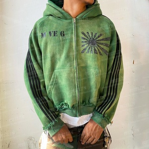 Custom Vintage Sun Fade Zip up Sweatsuits Acid Wash Double Layer Hoodie Set Two Piece Stripe Tracksuit Distress <b>Jogging</b> <b>Suit</b> - Product Image 2