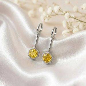 Yellow Lemon Quartz Gemstone <b>Earrings</b> with Cubic Zirconia Hexagon Drop Accent Faceted Natural Stone <b>Fine</b> <b>Earrings</b> Minimalist - Product Image 3
