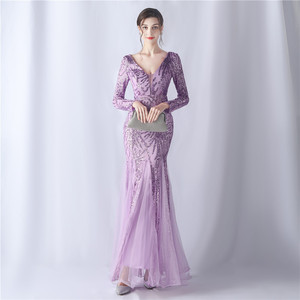 Nuovo Abito da Sera di Alta Qualità con Paillettes a Rete, <span class=keywords><strong>Maniche</strong></span> <span class=keywords><strong>Lunghe</strong></span>, Scollo a V e Silhouette a Sirena - Product Image 1
