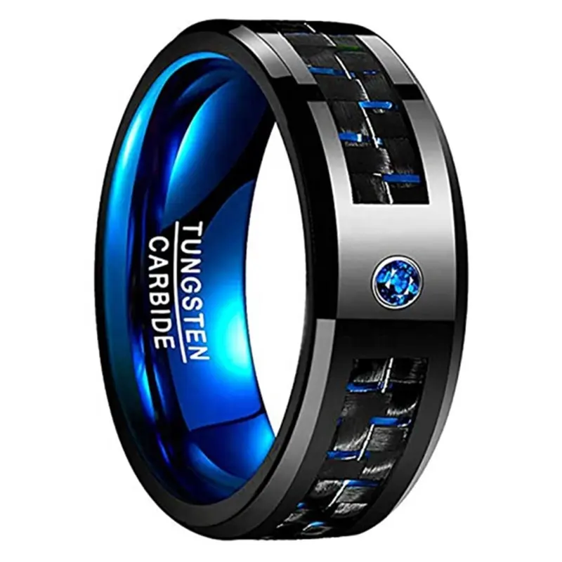 Nj designs anel de tungstênio para noivado, 8mm, mais novo anel de tungstênio preto personalizável com inposição azul