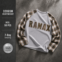 T-shirt à manches longues pour homme RAMAX en tricot gaufré à carreaux, avec empiècements brodés, style streetwear épais, personnalisable en gros
