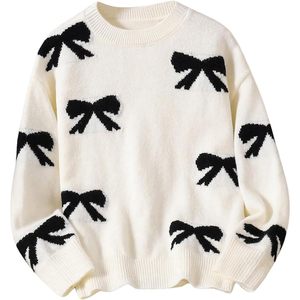 FOXA Girl's <b>Bow</b> Sweater Crew Neck Long Sleeve Loose Pullover Autumn Women's Sweaters - Product Image 1