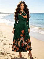 Robe longue plissée florale de luxe pour femme, coupe ajustée, manches longues, ceinturée, style portefeuille, tenue de villégiature élégante