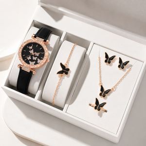 Ensemble de 5 montres pour femmes plaquées or, avec bague, collier, boucles d'oreilles, bracelet, pour mariage, fiançailles, décontracté, sans boîte - Product Image 3