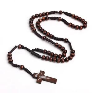 Collana del rosario cattolico con croce e gesù ciondolo cristiani gioielli <span class=keywords><strong>di</strong></span> preghiera religiosa all'ingrosso perline <span class=keywords><strong>di</strong></span> <span class=keywords><strong>legno</strong></span> naturale fatte a mano - Product Image 3