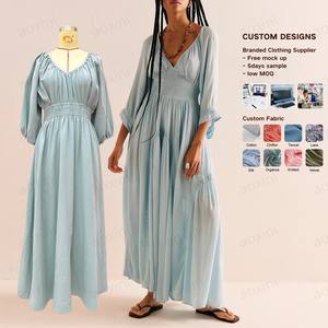 <span class=keywords><strong>Robe</strong></span> ample et modeste pour femmes, style bohème <span class=keywords><strong>chic</strong></span> d'été, col en V, manches bouffantes, dentelle, fente latérale, <span class=keywords><strong>robe</strong></span> décontractée, <span class=keywords><strong>robe</strong></span> de plage maxi - Product Image 2