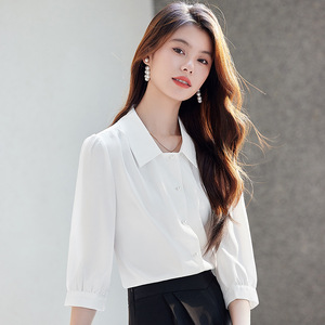 Women's Light Blue Mid Sleeve Shirt Solid Color Polyester Poplin Office Casual Blouse Elegant Style - Product Image 3