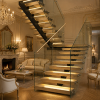 Escalier Flottant Moderne pour Hall d'Entrée de Villa Duplex, Garde-corps en Verre, Marches en Bois, Escalier Cantilever, Escalier Résidentiel