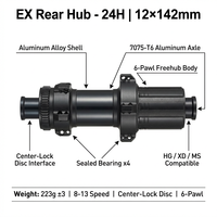 Moyeu de vélo de route super léger série EX, 4 roulements, arrière, axe traversant 12x100/142mm, alliage d'aluminium usiné CNC, boîtier de pignon HG, fixation pour disque