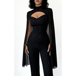 Combinaison à manches cape à découpes scintillantes pour femmes - Combinaison moulante à col haut pour soirée formelle Sehe Fashion - Product Image 6