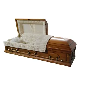 Veneer or solid wooden casket with Zinc Alloy Hardware almond velvet pecan color matte finish pecan wooden caskets