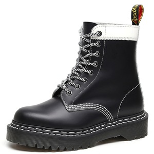 Work boots - Women's hard leather black and white patchwork short boots - Men's and women's smooth leather boots - Product Image 3