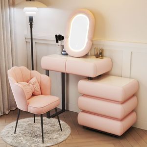 Creamy Style Beige Solid Wood Rock Slab <b>Dressing</b> <b>Table</b> - High-Grade Bedroom <b>Makeup</b> Desk with Integrated Storage Chest - Product Image 5