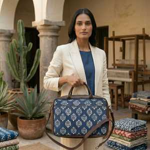 Bolso para portátil hecho a mano con estampado azul y cierre de cremallera, ecológico, profesional, para oficina y con correa. - Product Image 3