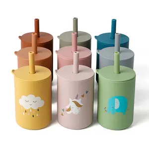 2-in-1 Silicone Baby Cups with Straw & Snack Cup Lid Silicone Sippy Cups  for Baby Toddler Training Cup with Handles Spill-proof Straw Cup BPA Free
