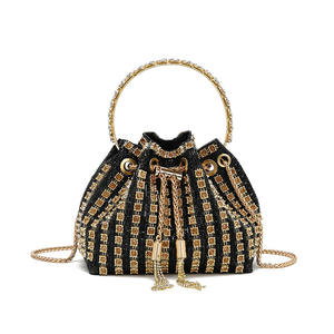 New Fashionable Women's Diamond-Encrusted Crossbody Chain Bucket <b>Bag</b> Geometric Stone Evening Clutch Handbag Polyester Lining - Product Image 6