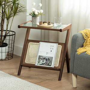 Japanese Style Rattan Glass <b>Side</b> <b>Table</b> With Storage For Living Room <b>Sofa</b> Coffee <b>Table</b> Bedside Use - Product Image 1