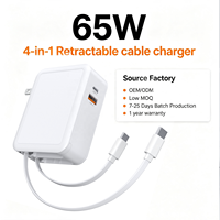 Chargeur rapide GaN PD 65W HNT ODM/OEM 4-en-1 avec câble USB-C rétractable ignifuge pour téléphone portable et ordinateur portable