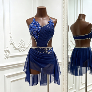 Vestido de Danza Lírica Azul Rey de Poliéster con Pedrería, Traje de Ballet Contemporáneo Hecho a Medida, Adornado con Cristales para Patinaje Artístico - Product Image 3