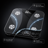 Báscula de Grasa Corporal Bluetooth de Precisión, Vidrio Templado Negro, Pantalla LED Oculta, Sensores Circulares de Metal para la Salud Personal en el Hogar