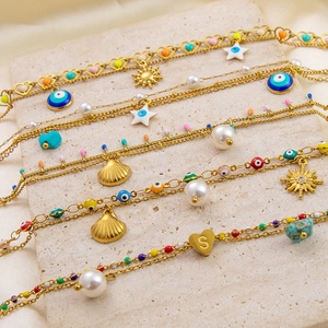 Boho Layered <b>Anklet</b> with Starfish & Multicolor Beads 18K <b>Gold</b> Plated 316L Stainless Steel Hypoallergenic Foot Jewelry for Women - Product Image 2