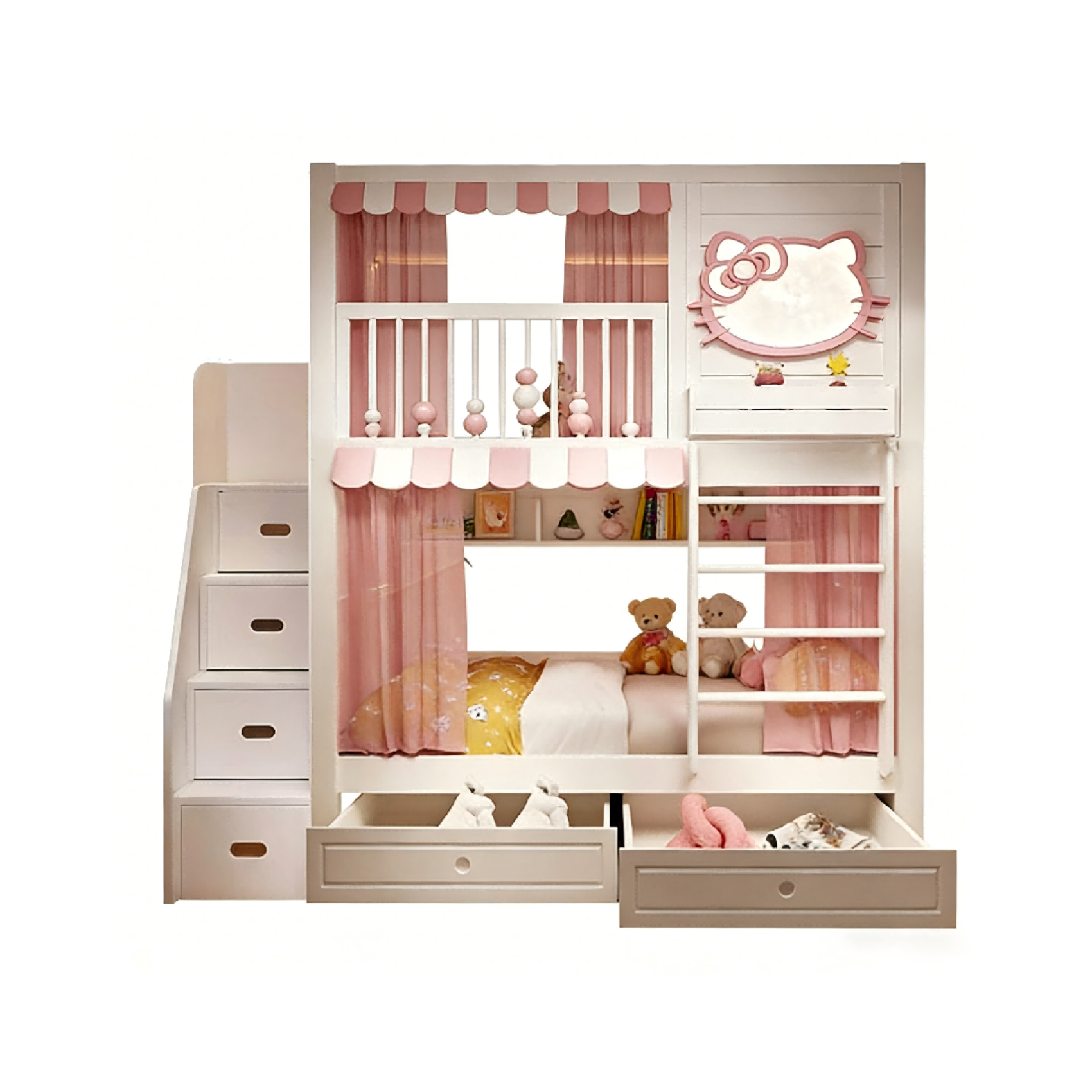 Lit superposé avec escalier, tiroirs et lit gigogne